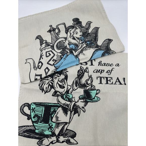 Lot Of 2 Disney Parks Alice In Wonderland Mad Tea Cups Kitchen Towels - Picture 1 of 5